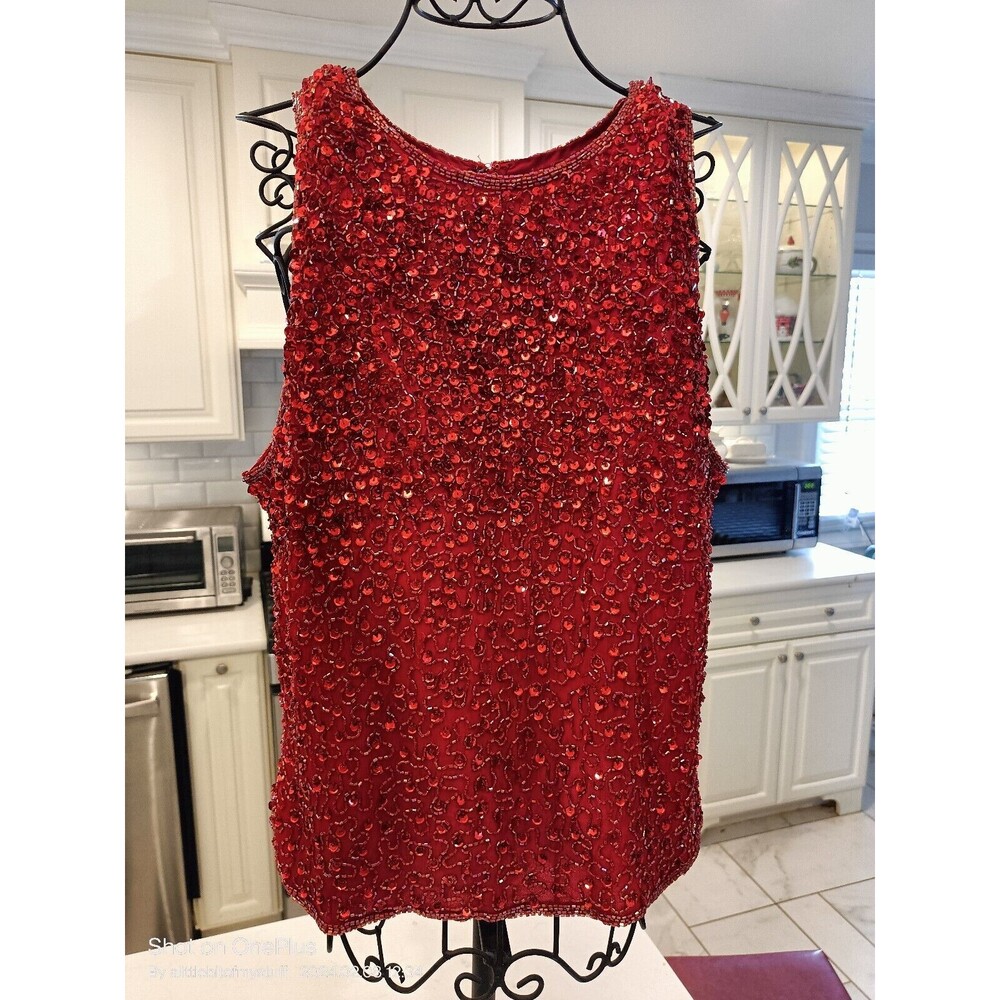 Lawrence Kazar Red Sequined Top Sleeveless NO SIZE TAG MEASUREMENTS ONLY!!